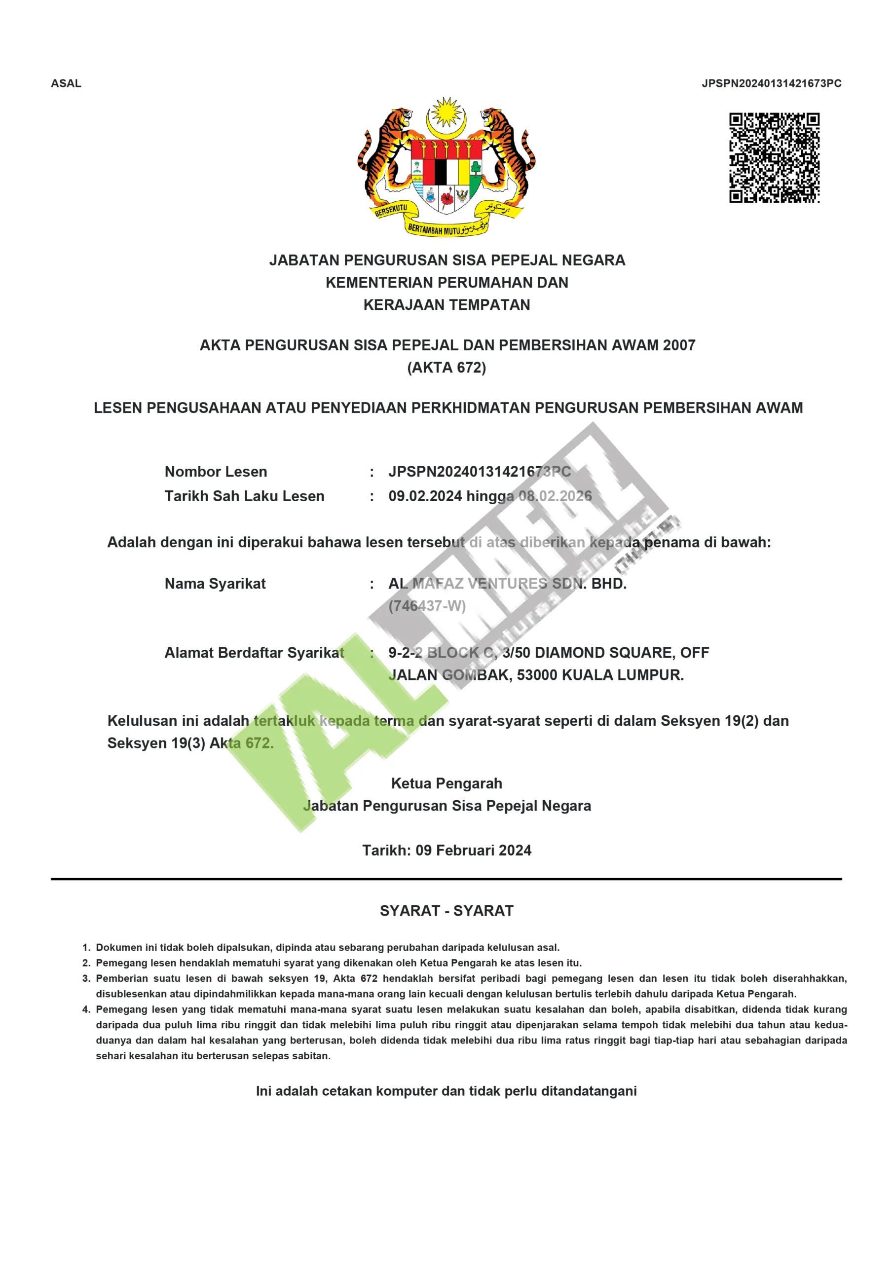 LESEN BLESS PEMBERSIHAN AWAM 2026